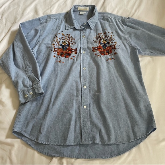 Vintage Autumn Leaves Scarecrow Embroidered Denim Button Down Size Medium - Picture 4 of 9